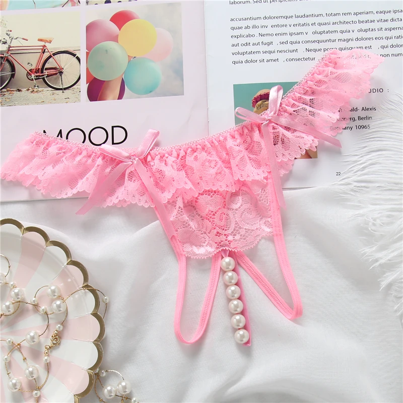 

topPants Sexy Pearl Temptation G-String Bowknot Low Waist Lace Panties Open Crotch T-Back Briefs Underwear for Woman Thongs