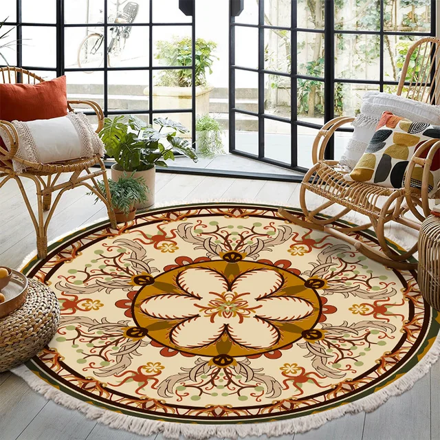 ​Home Decor Retro Bohemian Round Carpet Hand Woven Cotton Linen Carpet Rug Bedside Rug Geometric Floor Mat Living Room Carpet P