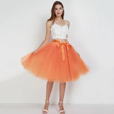 Orange Женская юбка-пачка, 6 слоев, 65 см, эластичная, однотонная, трапециевидная, средней длины/длиной до колена, 6-слойная, плиссированная, фатиновая юбка, юбка-пачка для танцев - Цвет: Orange