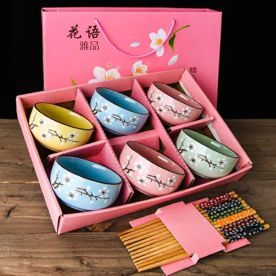 6PCS Mixed pink box Китайская цветущая вишня, керамическая миска для рисового супа, набор для микроволновой печи, маленькая Классическая салатная лапша Ramen с палочками для еды, посуда - Цвет: 6PCS Mixed pink box