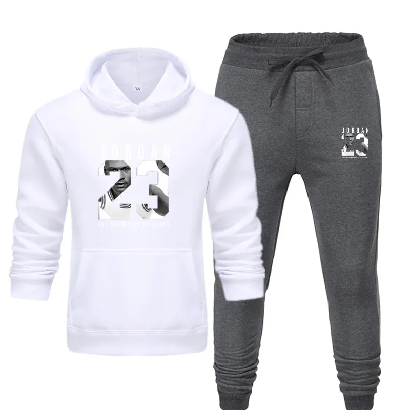 white dark gray Брендовый спортивный костюм, модные толстовки для мужчин, спортивная одежда из двух частей, комплекты из толстой шерсти с капюшоном+ штаны, спортивный костюм для мужчин - Цвет: white dark gray