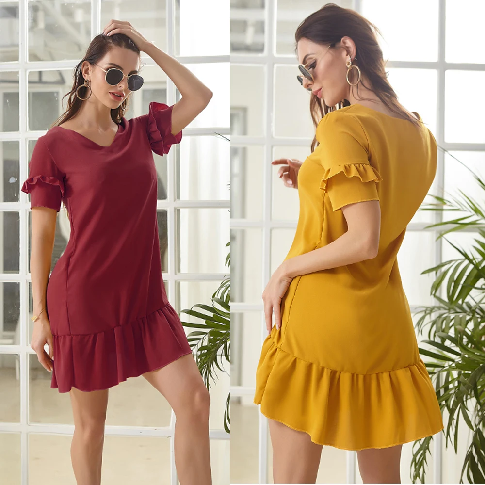 

ruffle shirt dress v-neck red yellow spring women short sleeve plus size loose mini summer dress 2020