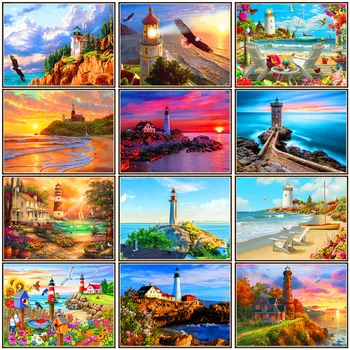 

Full round 5D DIY diamond painting lighthouse diamond embroidery kit mosaic seaside landscape home decoration 30*40