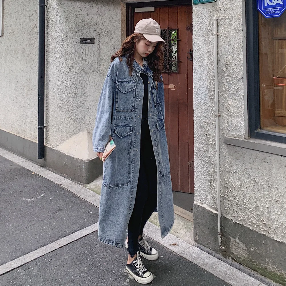 

Photo Shoot Sense of Design Large Pocket Washing Stand Collar Long Denim Windbreaker 2020 Spring New Style Women's Retro Coat