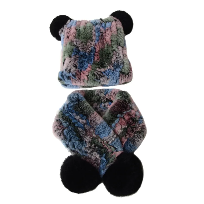 

9182460 Fashion Winter Warm Student Children's Rex Rabbit Fur Hand Woven Children's Hat Bib Wool Ball Scarf Hat Set