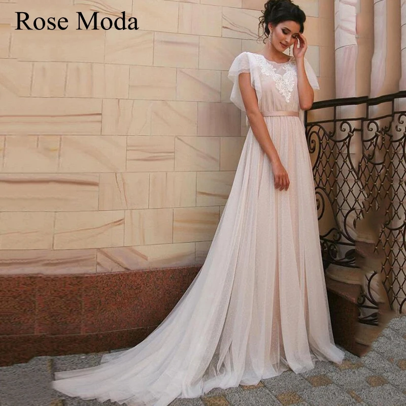 

Rose Moda Short Sleeves Ivory and Champagne Polka Dot Wedding Dress with Sash Custom Make