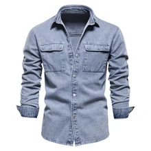 Chemise en jean à manches longues pour homme, couleur unie, en coton, décontractée, printemps, 100%