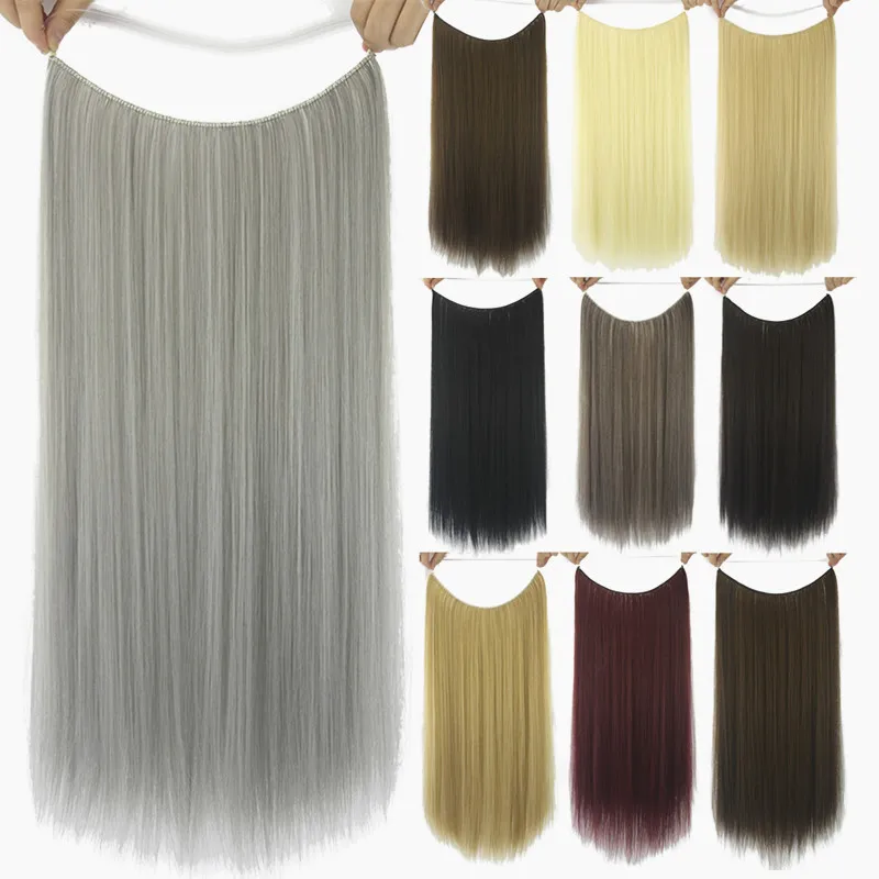 24 Inches Women Fish Line Synthetic Hair Extensions Straight Blonde Natural Wavy Long High Tempreture Fiber Synthetic Hairpiece