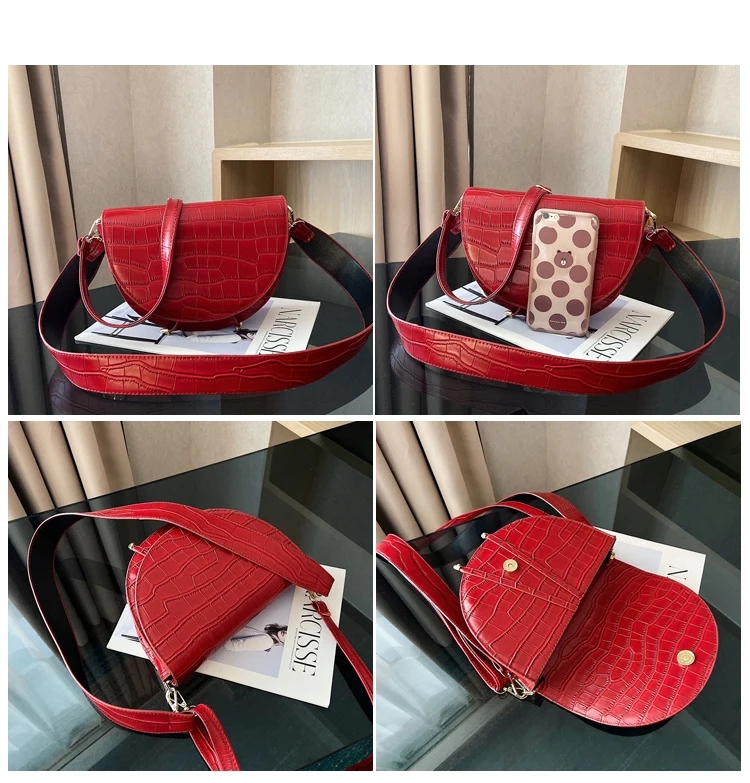Женские сумки через плечо с каменным узором, кожаная седельная сумка Bolso mujer, полукруглые сумки с клапаном, женская сумка через плечо, сумочка