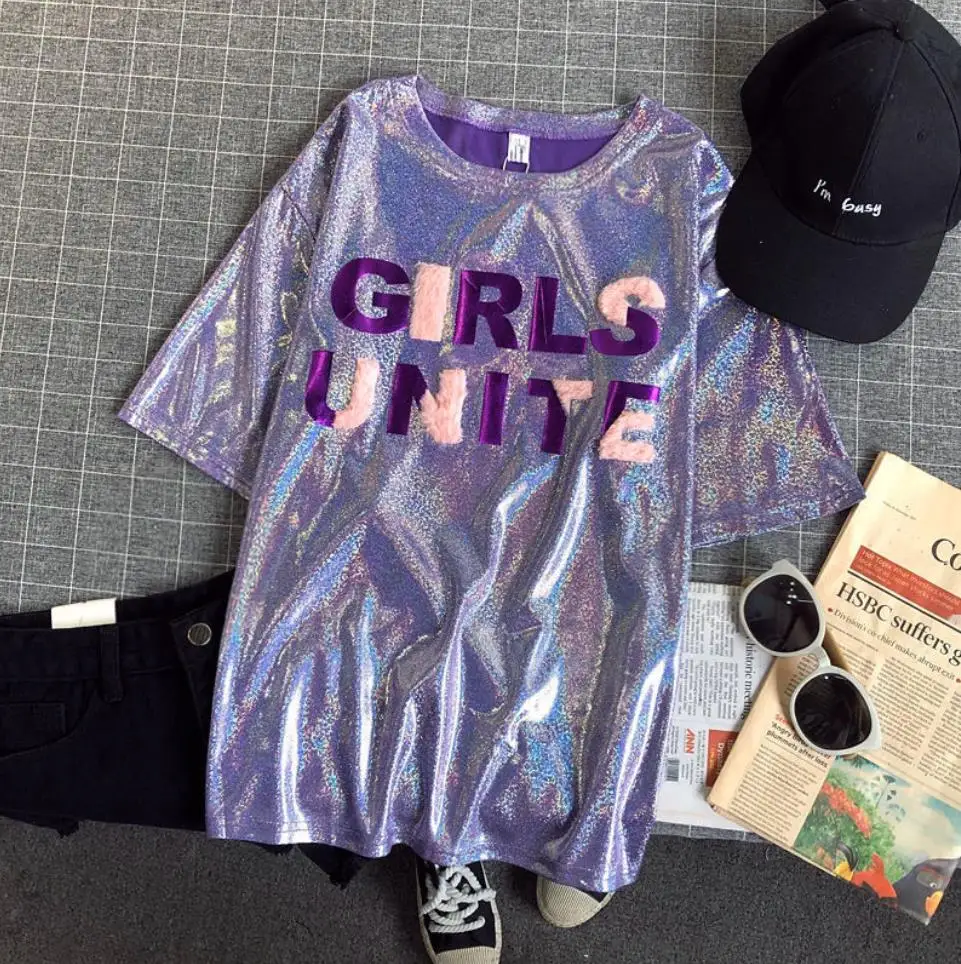 

Women's Summer Sexy Club Hip Hop Stylish Bright Short Tshirts Ladies Shiny T-shirt Retro Loose Oversize Street Wear O-neck