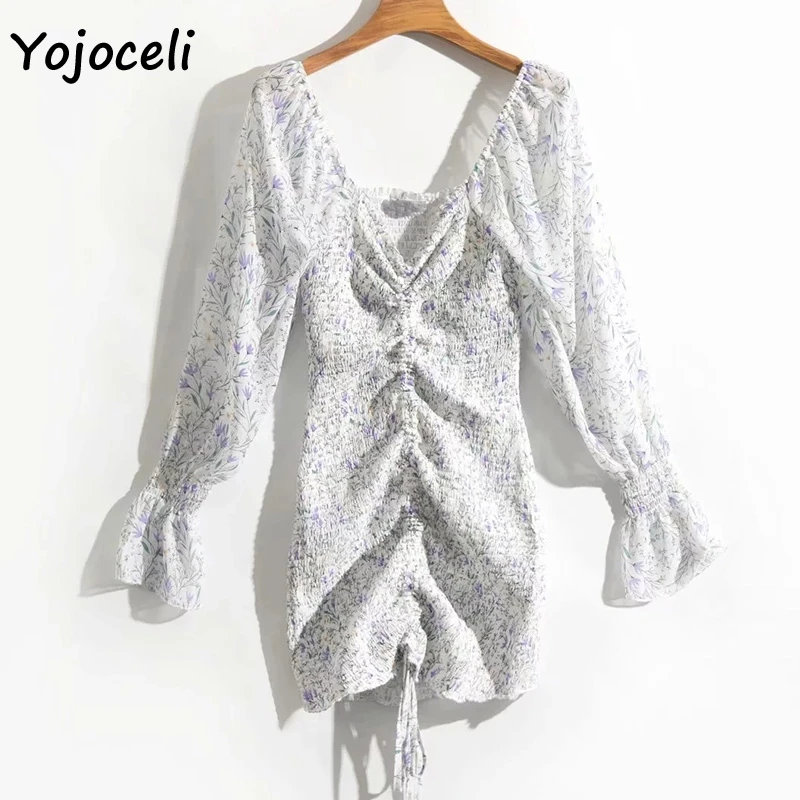 Yojoceli, сексуальное платье с цветочным принтом, гофрированное, женское, квадратный вырез, длинный рукав, тонкое, мини платье, шифоновое платье