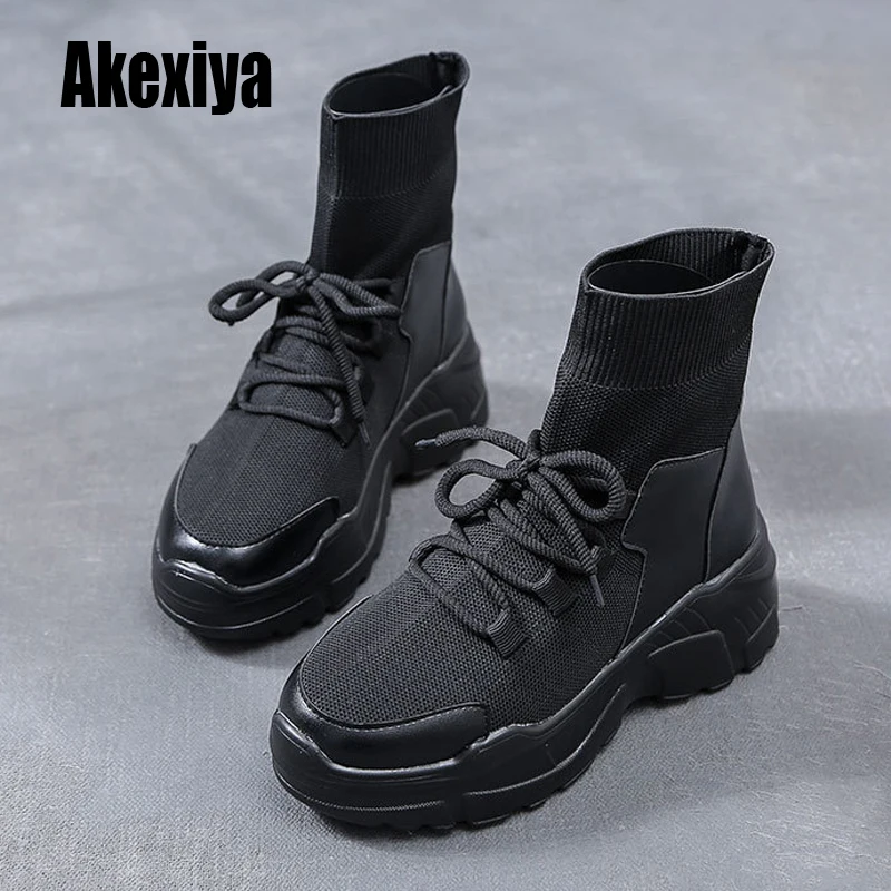 

New High Top Platform Sneakers Women Ankle Boots Sock Shoes Woman Chunky Sneakers Zapatos De MuJjer Lace-up boots k729