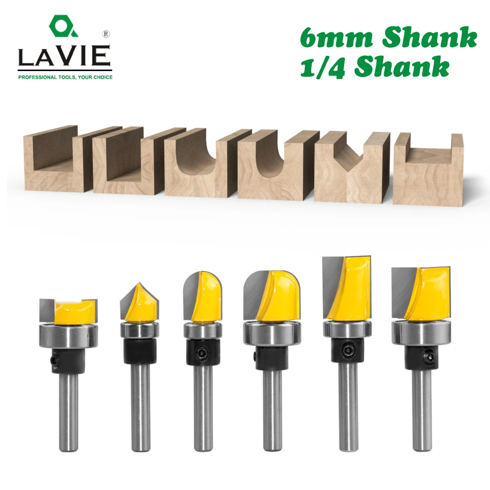 6PC 1/4" 6mm Shank Pattern Bit Flush Trim Straight with Bearing Hinge Mortising Router Wood Trimmer Cutter C06 C07 | Инструменты