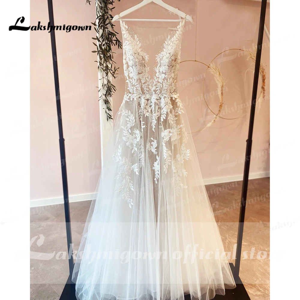 Sexy A-Line Backless Wedding Dress 2023 Vintage Lace Applique Beaded Off White Tulle Wedding Gowns Trouwjurk Long Bridal Dress