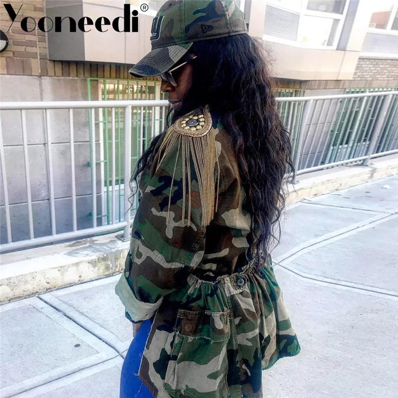 Yooneedi осенний дизайн высокого уличного размера плюс женская куртка цветная камуфляжная с кисточками и отложным воротником Женская верхняя одежда OSS-19459