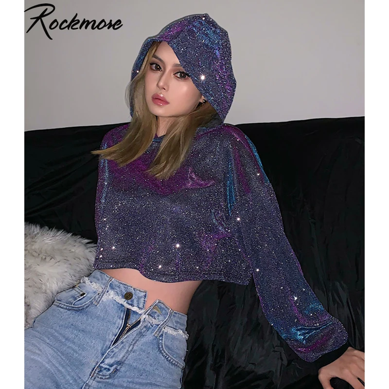 13.09€ 50% de réduction|Rockmore – Sweat shirt à capuche Lurex pour femmes, manches longues, Harajuku, Streetwear, surdimensionné | AliExpress
