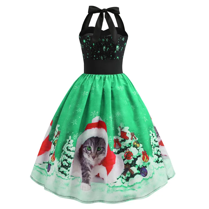 Сексуальное рождественское платье без бретелек с лямкой на шее, женское платье с принтом Санты, винтажное платье для вечеринок в стиле рокабилли, рождественское платье до колен - Цвет: JY12914Green