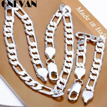 

Exquisite 8mm Oblate Hollow Grids Chains Men's Fashion Silver Plated Jewelry Set Nice Flat Figaro Chain Necklace&Bracelet Kit