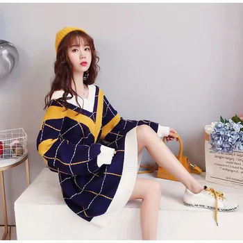 

Autumn Plaid Sweater Dress Women Female Winter Pullover Loose Knitted Sweater Woomen Knit Tops Long Sleeve Knit Sweater