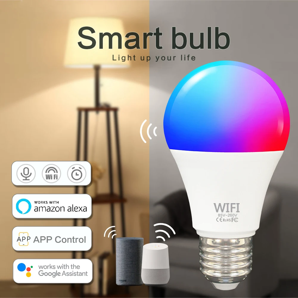 

WiFi 15W Smart Life Bulb B22 E27 LED RGB Lamp Work with Alexa/Google Home 85-265V RGB+White Dimmable Timer Function Magic Bulb