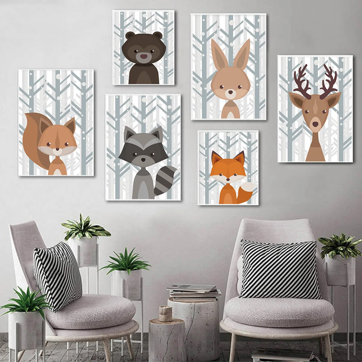 Bear Rabbit Fox Deer Nursery Wall Art Canvas Painting Cartoon Nordic Posters And Prints Pictures Girl Boy Kids Room Decor | Дом и сад