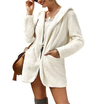 

Women's Autumn Solid Color Fluffy Fleece Front Open Coat Jacket With Pockets Hooded Oversized Casual Ladies Overcoat Outwear