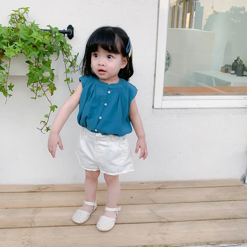 

A mu hou Childrenswear 2019 South Korea Summer Children New Style Versatile Tops Baby Solid Color Sleeveless All-cotton Shirt