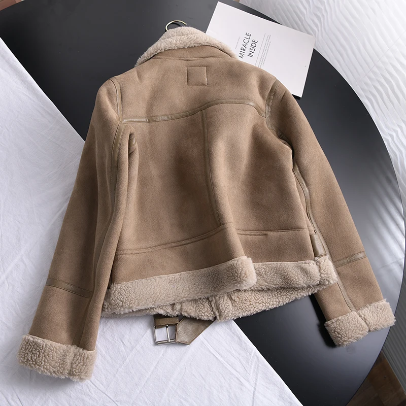 Ailegogo-Chaqueta corta de piel de oveja para mujer, abrigo grueso y cálido  de ante, color marrón, ideal para invierno - AliExpress