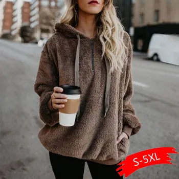 

Women Fleece Hoodies 2020 Long Sleeve Hooded Pullover Sweatshirt Autumn Winter Warm Zipper Pocket Fur Coat Plus Size 5XL