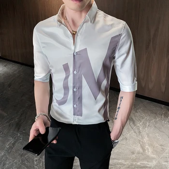 

2020 Men Shirt Half Sleeve Letters Printing Casual Slim Fit Shirt Balck White Camisa Masculina Streetwear Social Men Clothes