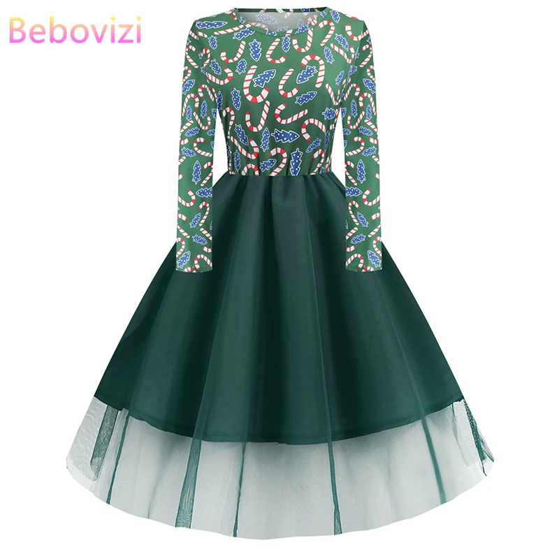 

Bebovizi 2019 Autumn Women Dresses Plus Size Elegant Dark Green Christmas Party Dress Vintage Santa Claus Print Shein Vestidos