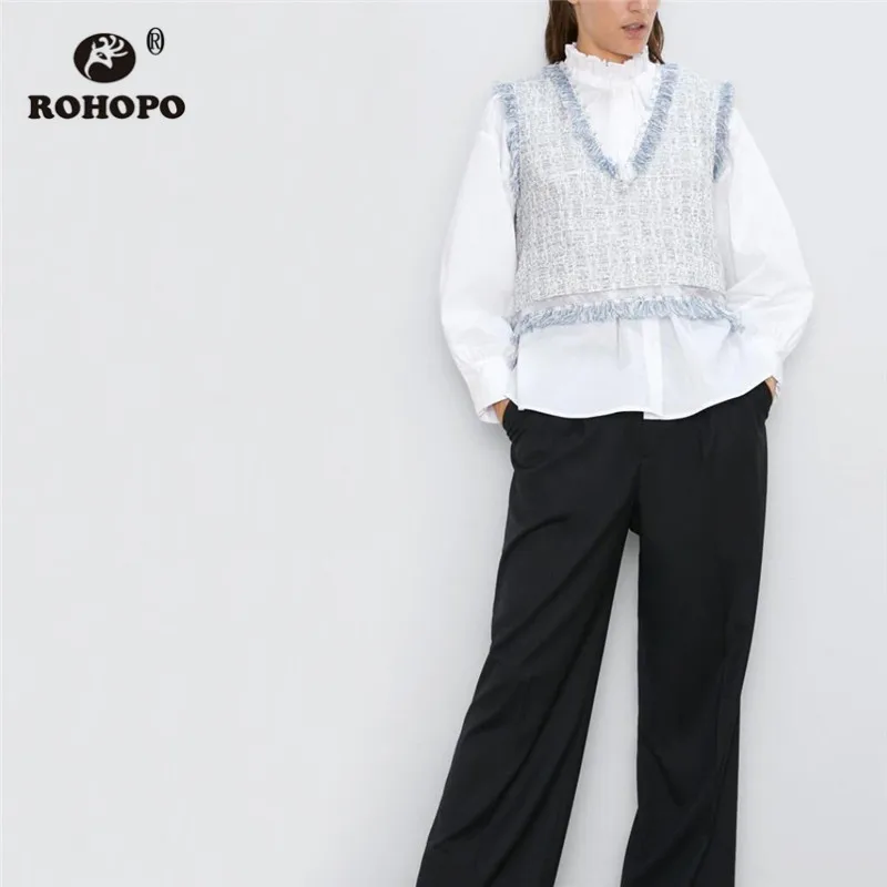 

ROHOPO V Collar Tweed Sleeveless Blouse Tassel Neck-line And Hem Pullover Autumn Breathable Tops Blusa #9809