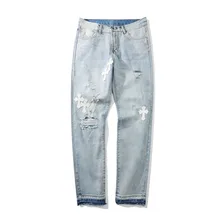 Pantalones vaqueros de cuero Pu con bordado cruzado para hombre, Jeans ajustados con agujeros, estilo Retro, Hip Hop, Kpop, 2021