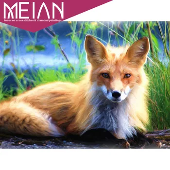 

2020 Meian Fox Full Round drill 5D DIY Diamond painting Beautiful fox Embroidery Mosaic Cross Stitch Rhinestone decoration