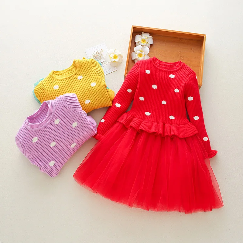 

2019 Spring And Autumn Winter Style Childrenswear Korean-style Girls Dress Brushed And Thick Sweater Flounced Baiyun Mesh Skirt