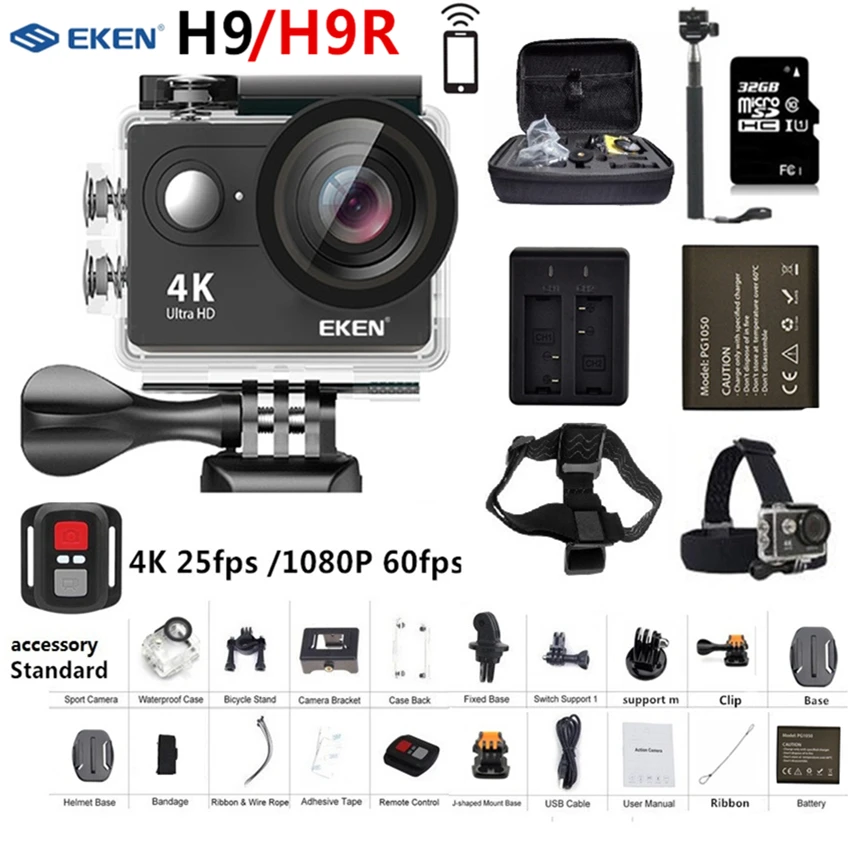 Оригинальная экшн камера EKEN H9/H9R Ultra HD 4K 30 FPS Wi Fi 2.0 дюйма 170D подводная