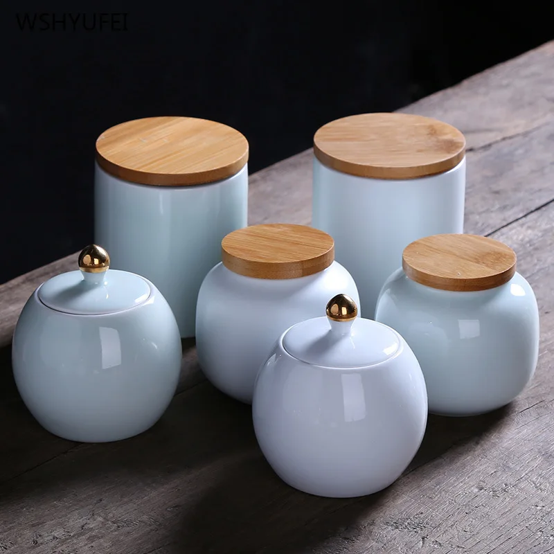 

Direct new product wooden cover gold ceramic biscuit candy nut coffee bean tea seal moisture storage decorative container