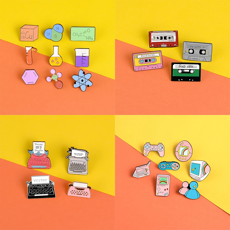 

Set pin Chemical element Pink Game machine Lapel enamel pin badge Retro tape typewriter brooch Jackets Clothes bag jewelry gift