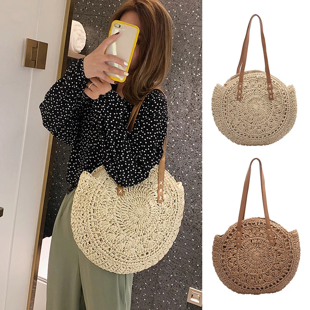 Bolso redondo de paja para playa, bolsa de hombro tejida a mano, Estilo  Vintage, de ratán, bohemio, informal, para vacaciones de verano, # H40| | -  AliExpress