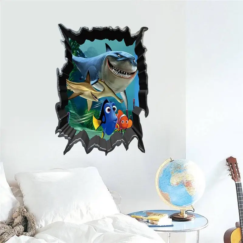 Cartoon Fish Shark Dory Nemo Wall Sticker Kids Room Home Decoration 3d Broken Hole Mural Art Pvc Decal Anime Movie Poster | Дом и сад
