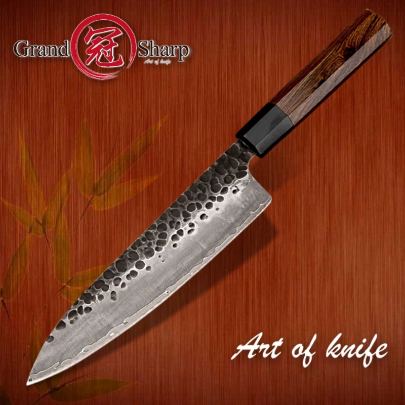 Нож шеф-повара Hamdmade, 3 слоя японской стали AUS10, экологически чистые кухонные ножи, профессиональные инструменты, ручка из натурального дерева, Подарочная коробка GRANDSHARP