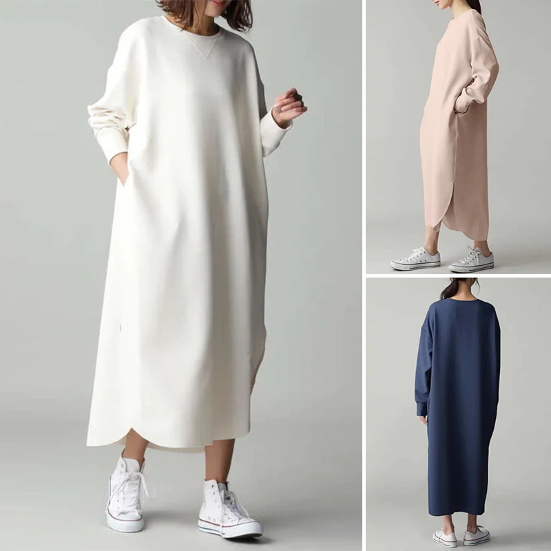 Sweatshirt Dress Irregular-Robe Pocket Long-Sleeves Zanzea Women Plus-Size Vestidos Casual
