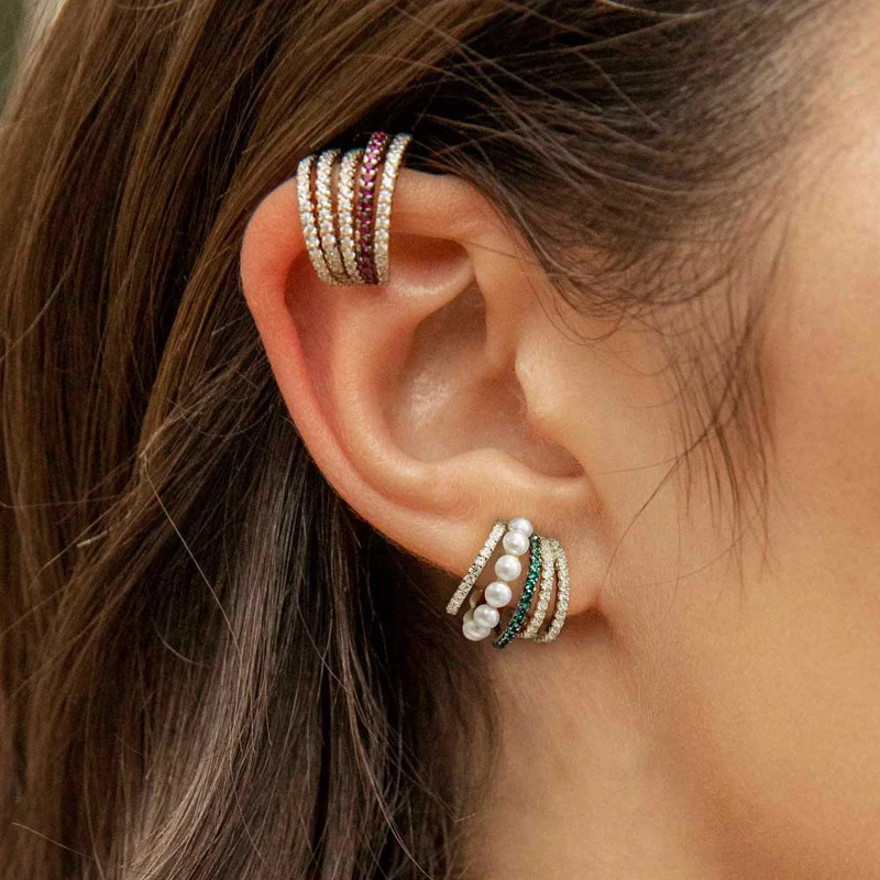 

Fashion Gold Crystal Non Piercing Clip Earrings Pearl Zircon Ear Clip Cuffs Charm Circle Multi-layer Cartilage Earring For Women