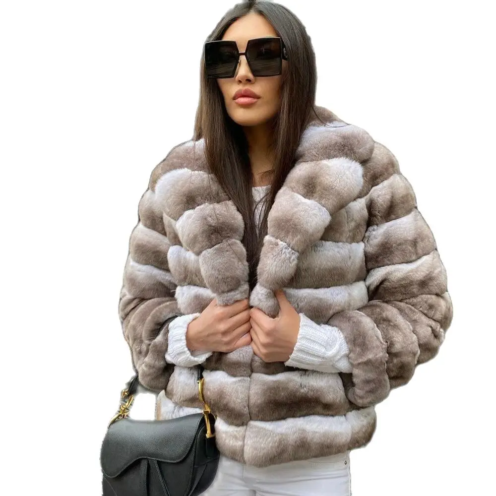 2021 Fashion Real Rex Rabbit Fur Jacket with Turn-down Collar Thick Warm Fur Overcoat Luxury Woman Genuine Rex Rabbit Fur Coats