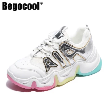 

Begocool chunky white sneakers for women trend fashion designer rainbow thick bottom ladies shoes runner gym trainers silver