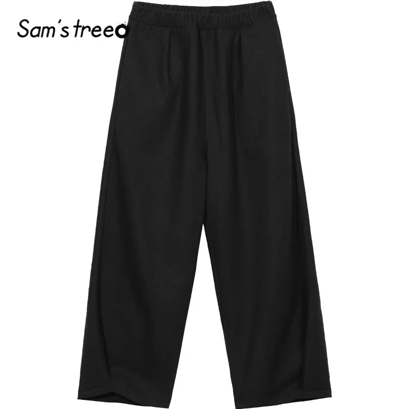 SAM'S TREE/черные однотонные прямые широкие повседневные женские брюки, зимние свободные офисные женские базовые брюки со средней талией