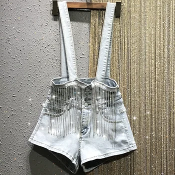 

2020 Summer Fashion Diamonds Tassel Ripped Denim Overalls Shorts Women Jeans shorts