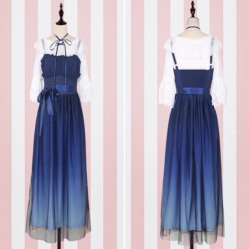 Japanese Mori Girl Dress Lolita Star Gradient JSK Spaghetti Strap Loli Mesh Sweet Gothic Retro Tea Party Cosplay |