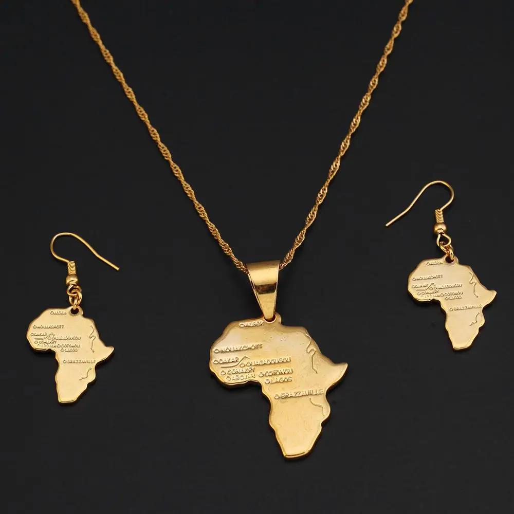 24 K Goud Kleur Messing Afrikaanse Kaart Ketting Oorbellen Voor Afrika Vrouwen Party Kaart Sieraden Set