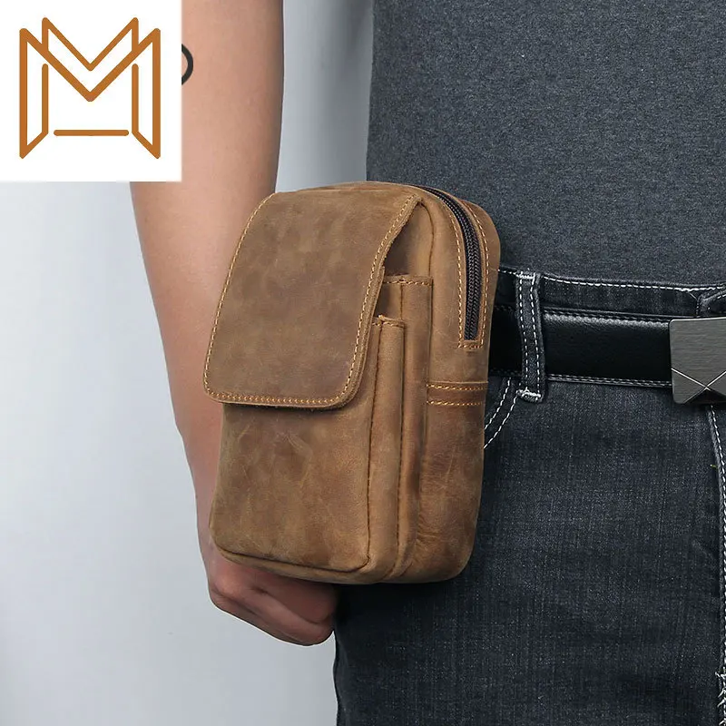 

Man Genuine Leather Pocket Crazy Horsehide Mobile Phone Package Outdoors Three Layers Clothes Belt Small Saddlebag